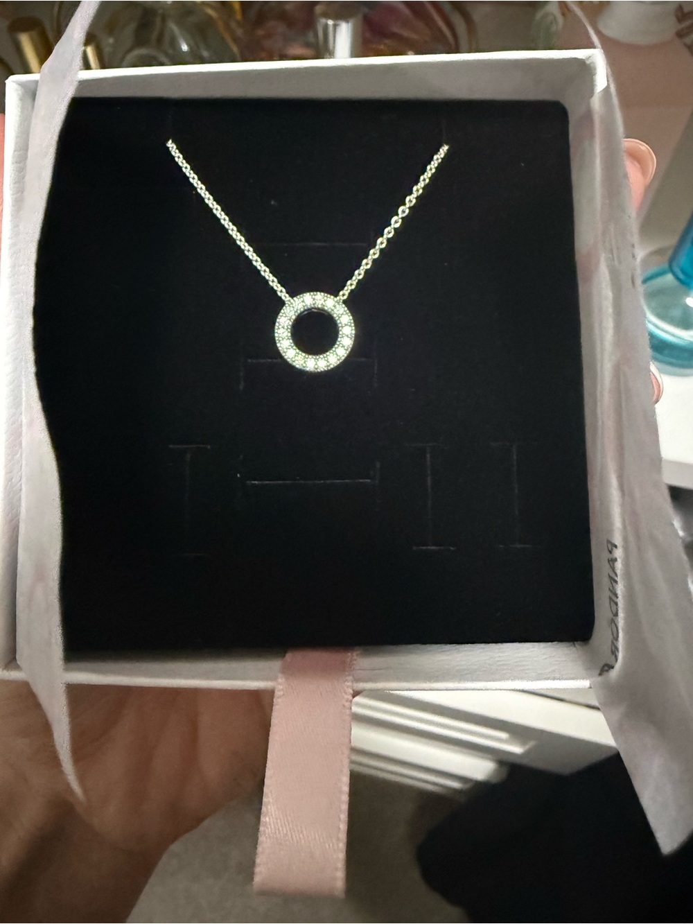 Pandora Gold Circle Pendant Necklace with Crystals